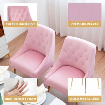 Modern Velvet Upholstered Dining Chairs Set of 2, Mid Century Side Chairs with 5.12” Cushions and Back Pull Rod for Kitchen, Living Room