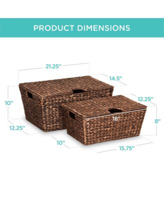 Set of 2 XL Water Hyacinth Woven Tapered Storage Basket Chests w/ Attached Lid, Handle Hole