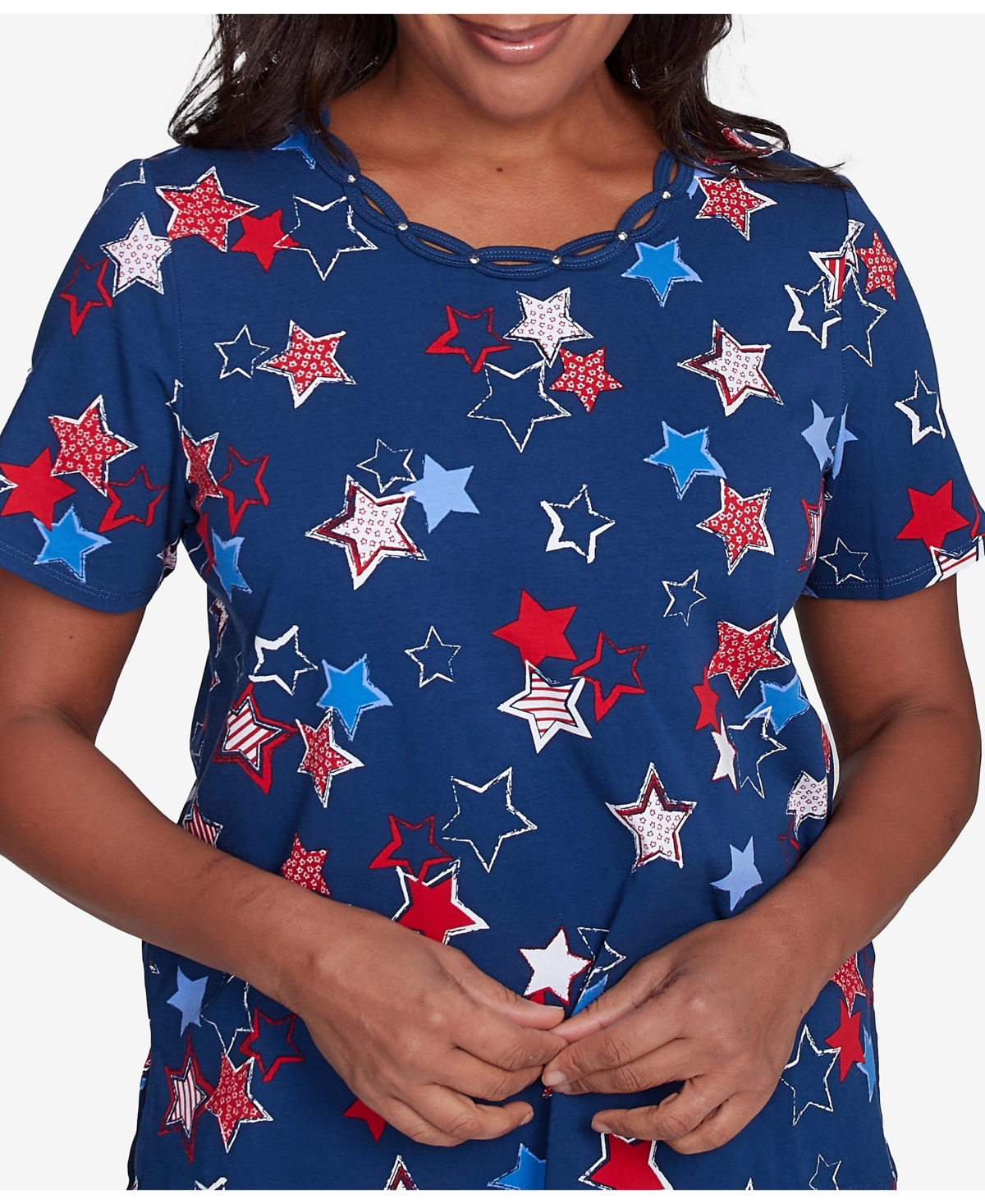 Alfred Dunner Plus Size Star Studded Crew Neck Tee In Navy