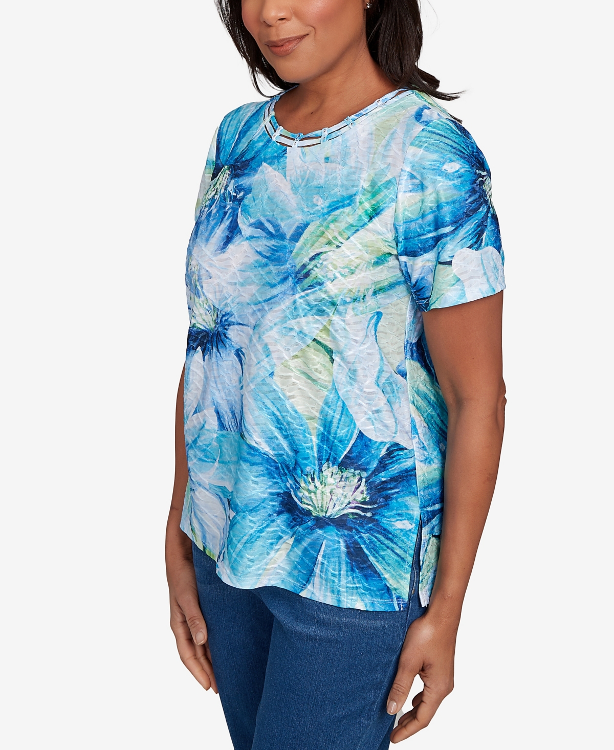 Alfred Dunner Petite Summer Breeze Floral Watercolor Top In Blue
