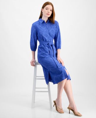 T Tahari - Women's Embroidered Eyelet Belted Shirtdress