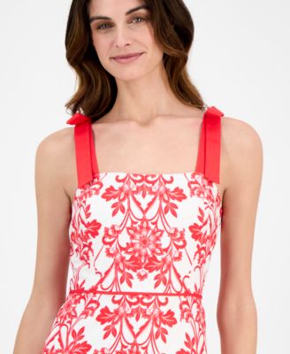 Women's Printed Bow-Shoulder Border-Hem Midi Dress