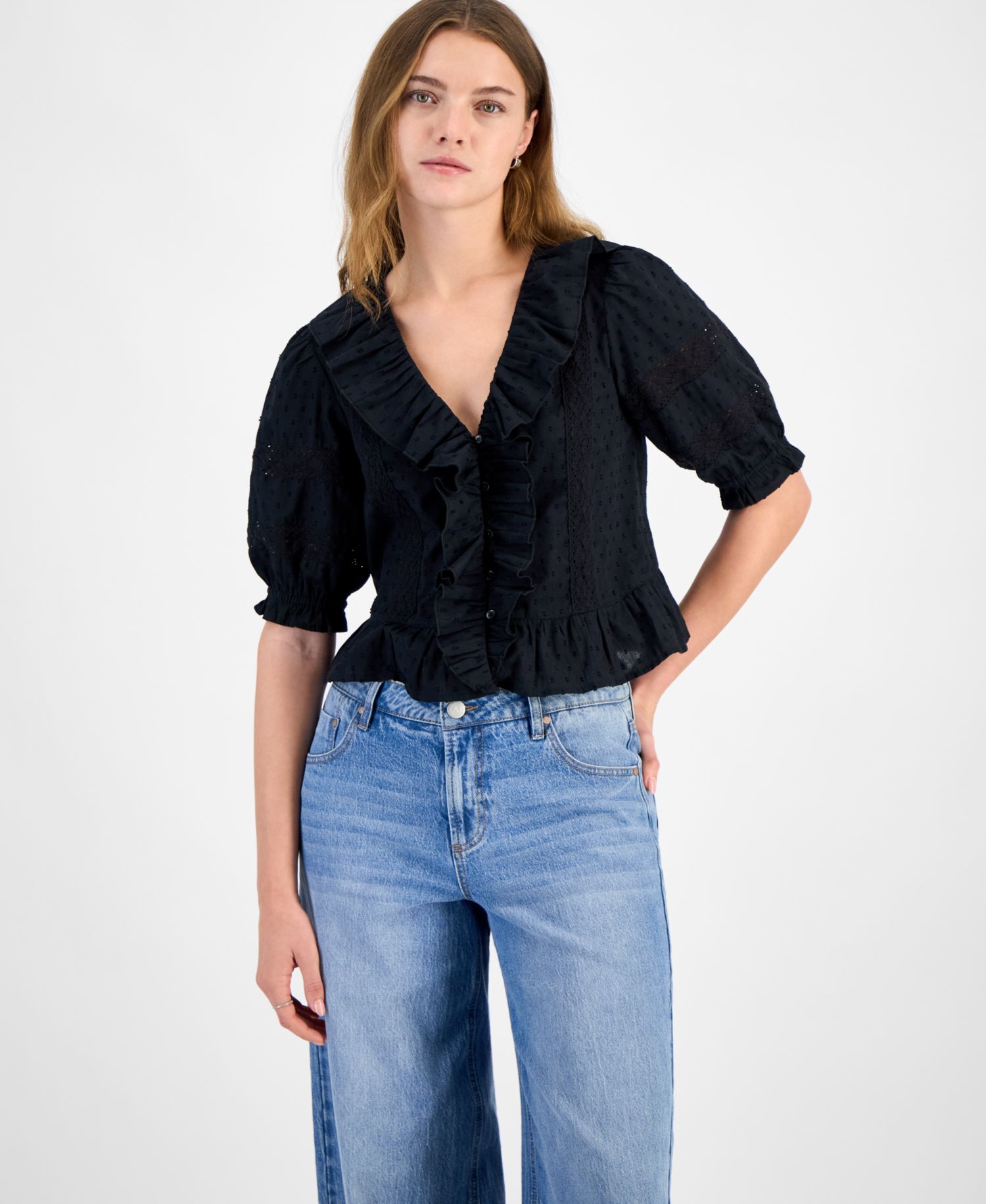 Petite Ruffled-Front Clip-Dot Cotton Top