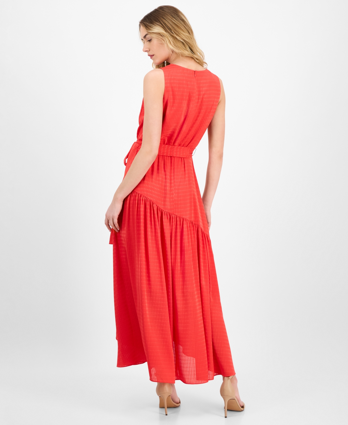 Shop Anne Klein Women's Tie-waist Ruffled-hem Satin Maxi Dress In Hibiscus Red