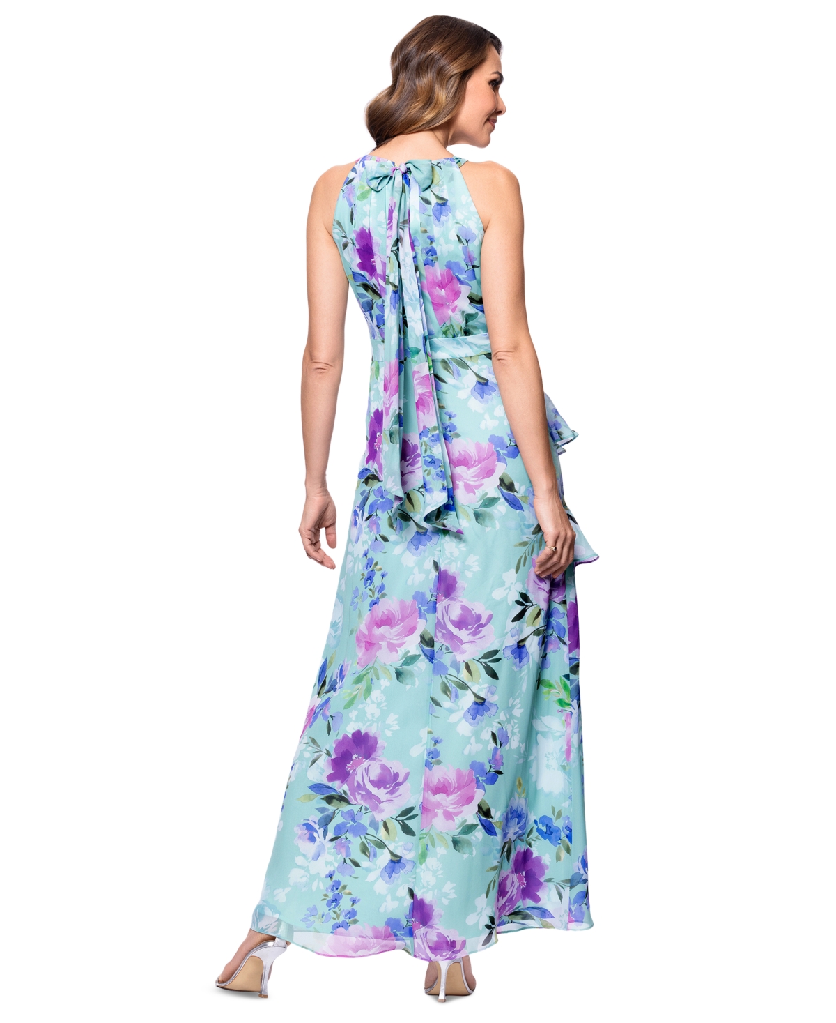 BETSY & ADAM BETSY & ADAM WOMEN'S BACK-TIE HALTER RUFFLED GOWN 