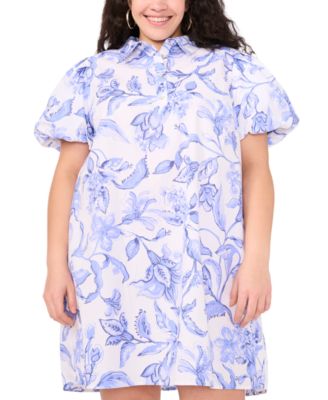 MSK Plus Size Floral-Print Cotton Puff-Sleeve Shift Dress