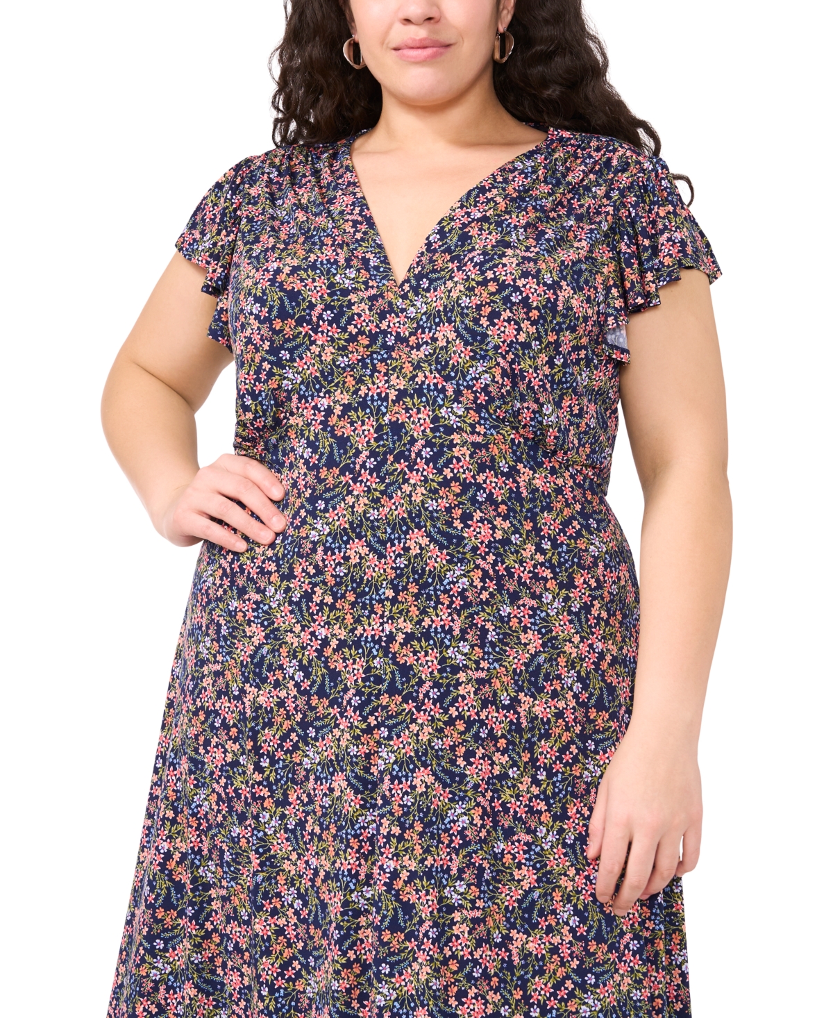 Msk Plus Size Floral-print Flutter-sleeve Midi Dress In Navy Multi