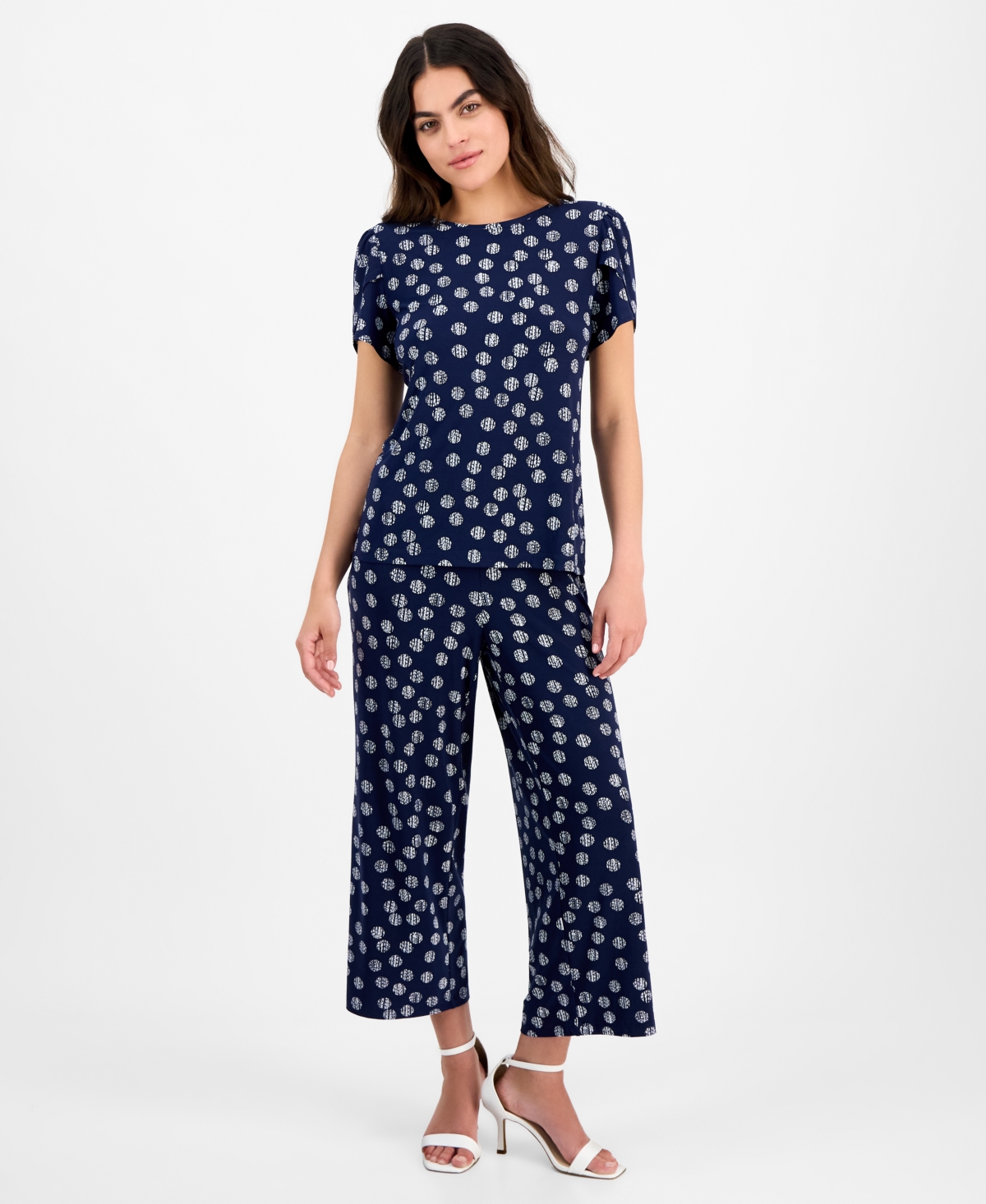 Ak Anne Klein Petite Dot-print Tulip-sleeve Top In Distant Mountain,bright White