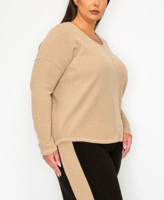 Plus Size Textured Rib Front Seam Dolman Long Sleeve Top