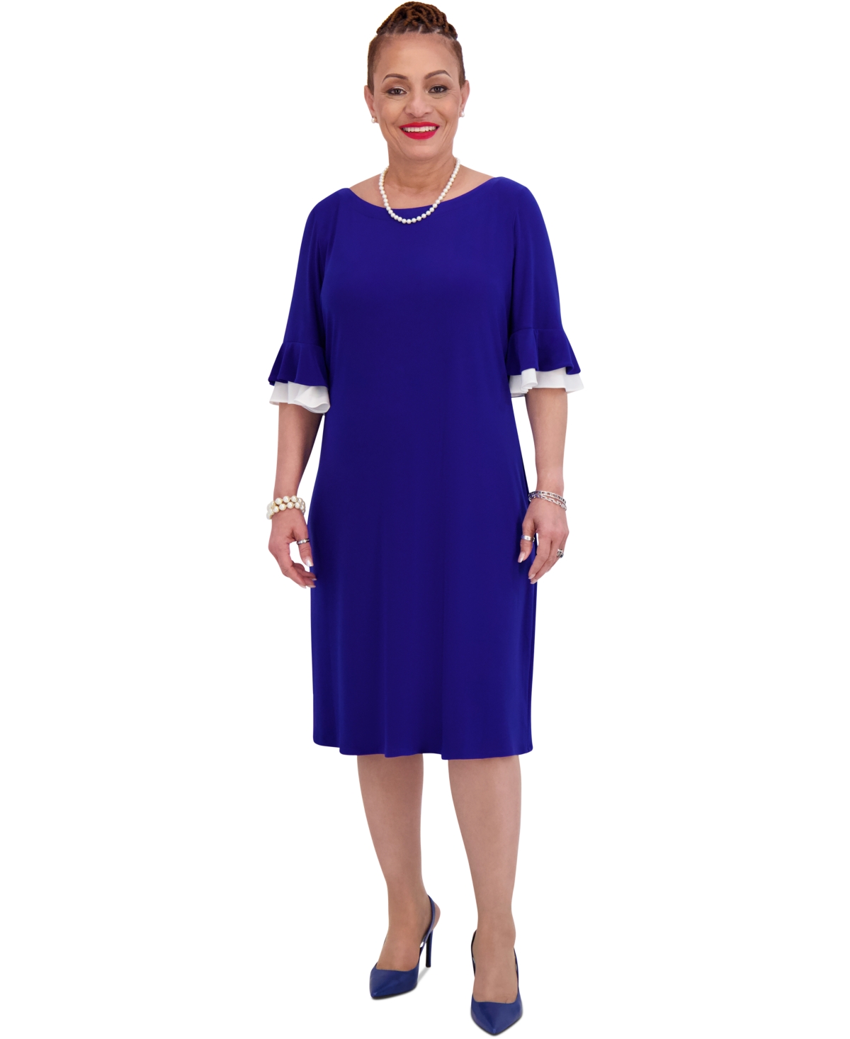 Kasper Women's Ruffle-sleeve Shift Dress, Regular & Plus Size In Royal Signature,white