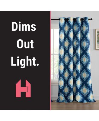 Liam Ogee Ikatt Damask Patterned Window Grommet Curtains Bedroom - Light Blocking Darkening Window Panels, Set of 2 (Navy Blue, 52 W x 96 L