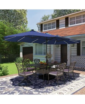15 ft Solar LED Double Sided Twin Outdoor Patio Market Umbrella with Base Weight Included
