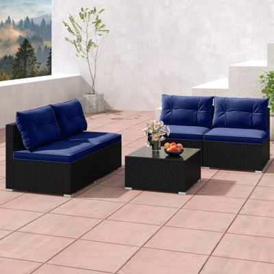 Ratten, Tempered Glass Tabletop 5 PCS Patio Furniture Set w/ Seat & Back Cushions