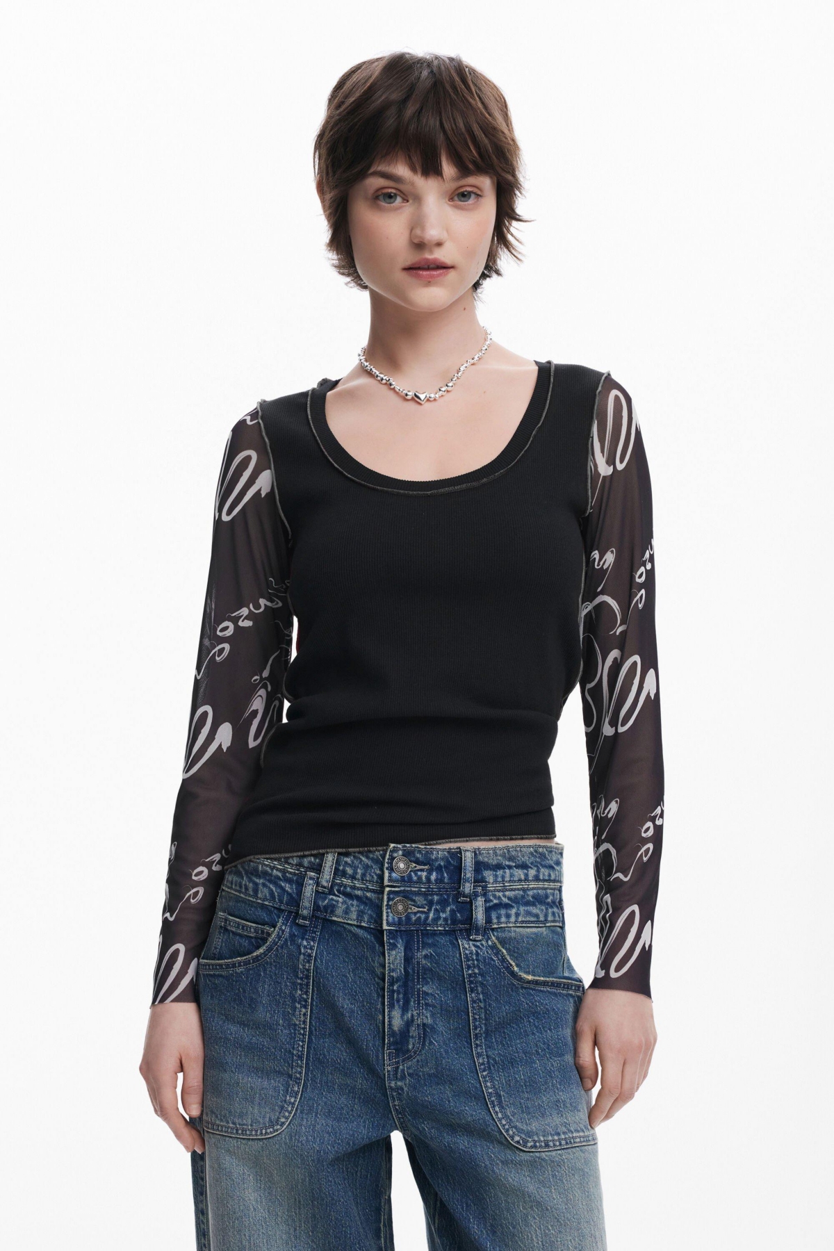 Women's Lettering sleeve T-shirt - Black