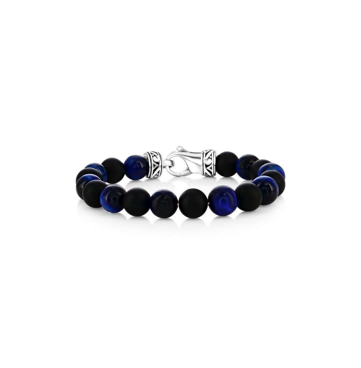 Stainless Steel, 10mm Alternating Genuine Bead Bracelet - Blue tiger eye  onyx