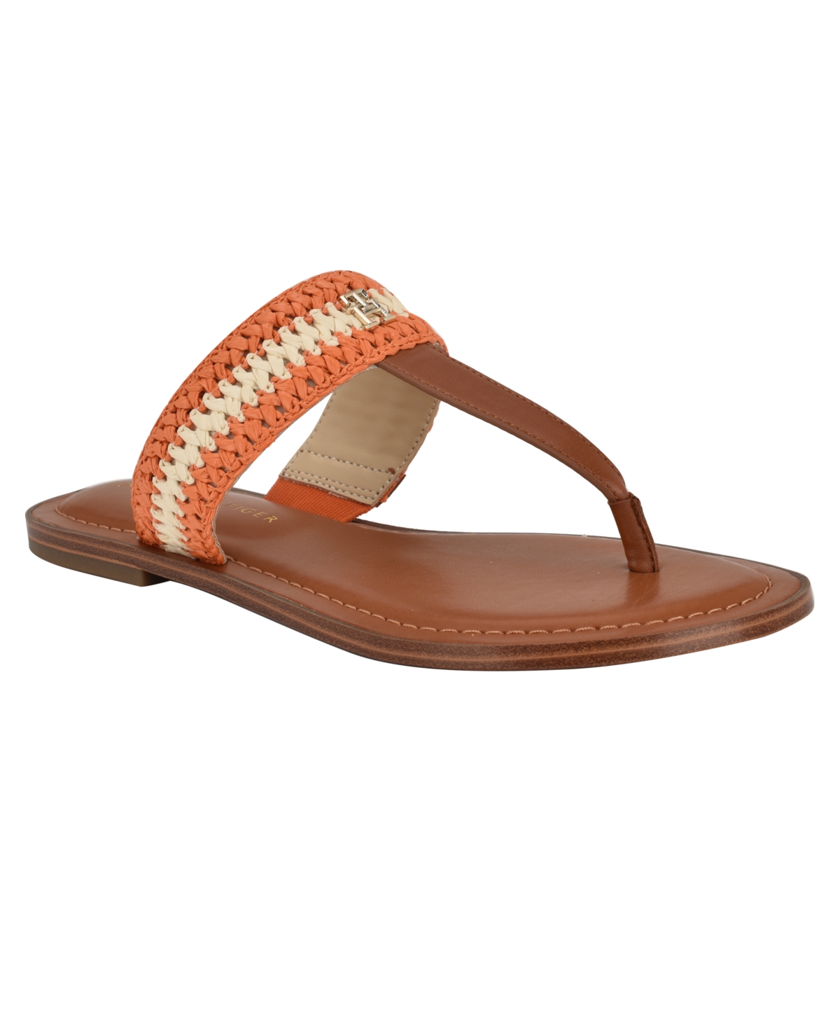 Tommy Hilfiger Women's Gojia Braided T-strap Slip-on Flat Sandals In Orange,cream