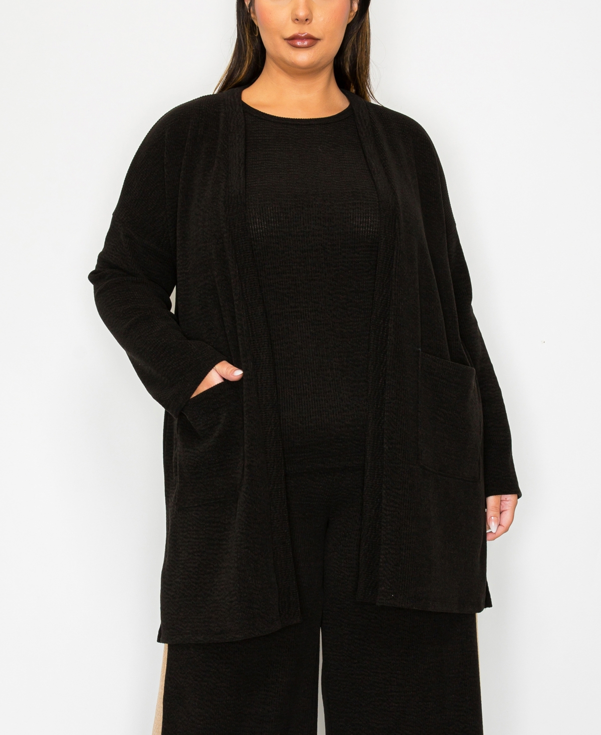 Coin 1804 Plus Size Textured Rib Front Pocket Side Slit Cardigan Sweater In Black