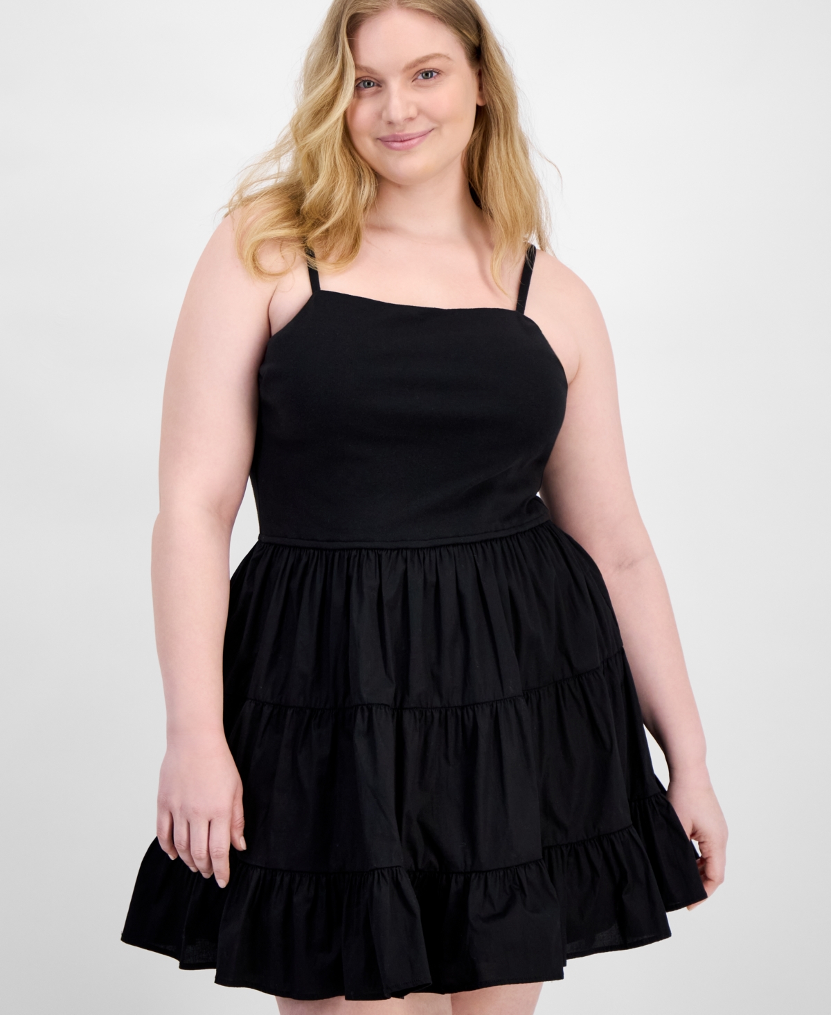 Madden Girl Trendy Plus Size Sleeveless Tiered Bubble Minidress In Black