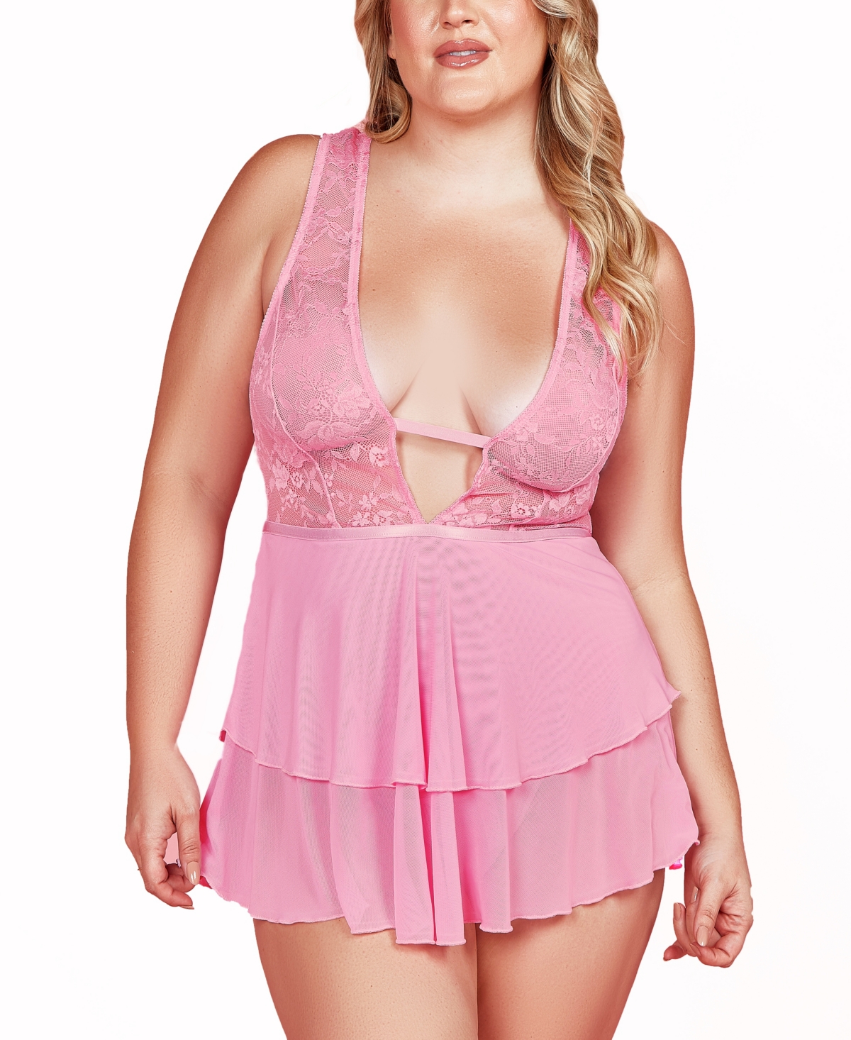 Plus Size Lace Plunge Neck Babydoll and Panty 2 Pc Lingerie Set - Pink