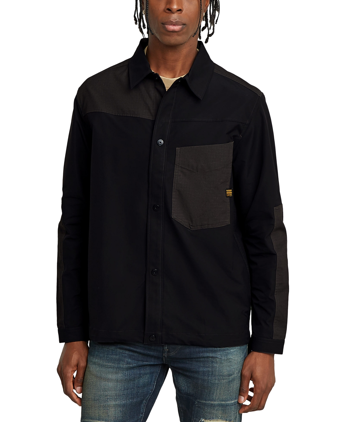 Men's Relaxed Fit Long Sleeve Mixed Media Button Front Shirt - Dk Black