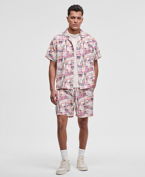 alfani Mode of One Men's Squared Up Relaxed-Fit Geo-Print Button-Down Shiny Twill Camp Shirt & Relaxed-Fit Geo-Print 6-1/2" Shiny Twill Shorts Exclusively at Macy's Men's Fashion & Accessories