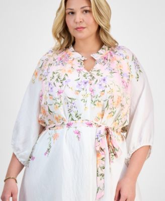 Plus Size Placed-Floral Tie-Waist Shift Dress
