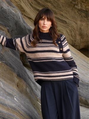 Women's Pure Wool Stripe Button Neck Sweater