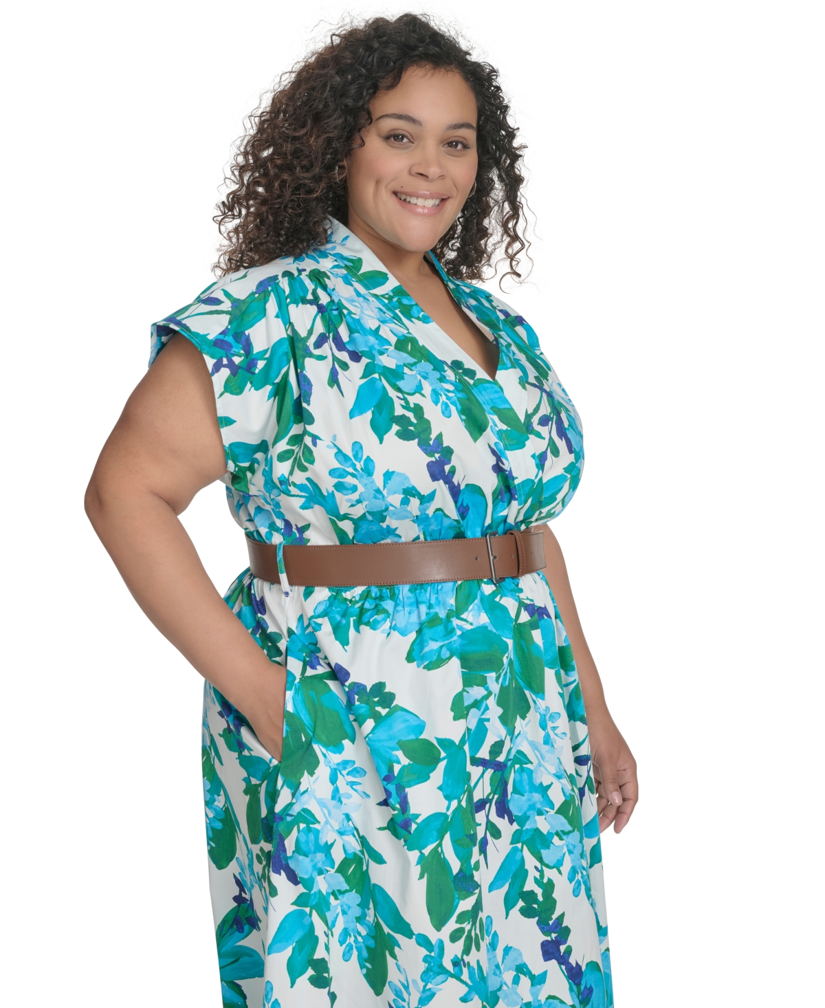 CALVIN KLEIN PLUS SIZE FLORAL-PRINT BELTED MIDI DRESS 