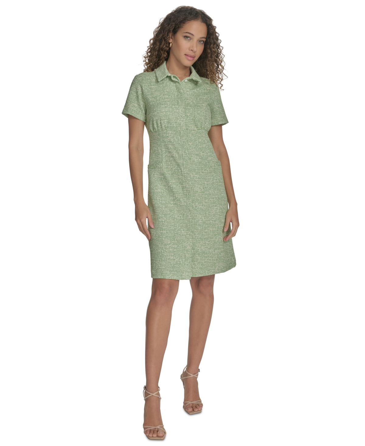 Calvin Klein Women's Tweed Collared Shirtdress In Leaf White
