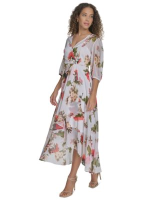 (取寄) カルバンクライン レディース シフォン フローラル フォー ラップ   women Chiffon Floral Faux Wrap Hibiscus Multi Calvin Klein Women's Floral-print Faux-wrap Chiffon High-low Dress