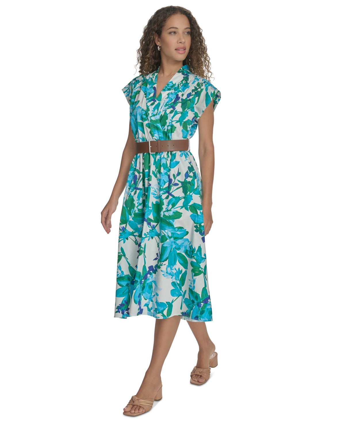 Calvin Klein Petite Floral-print Belted Midi Dress In Kelly Multi