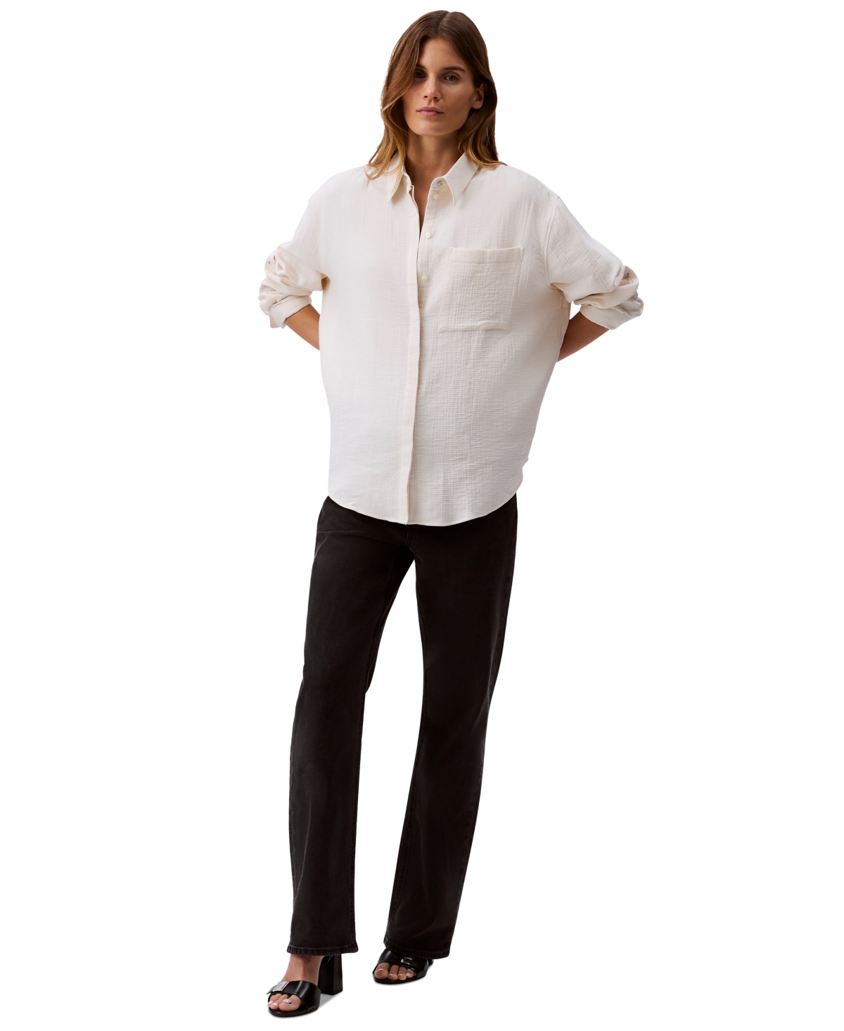 Calvin Klein Jeans Est.1978 Women's Double Gauze Roll-tab-sleeve Button-down Shirt In Chalk