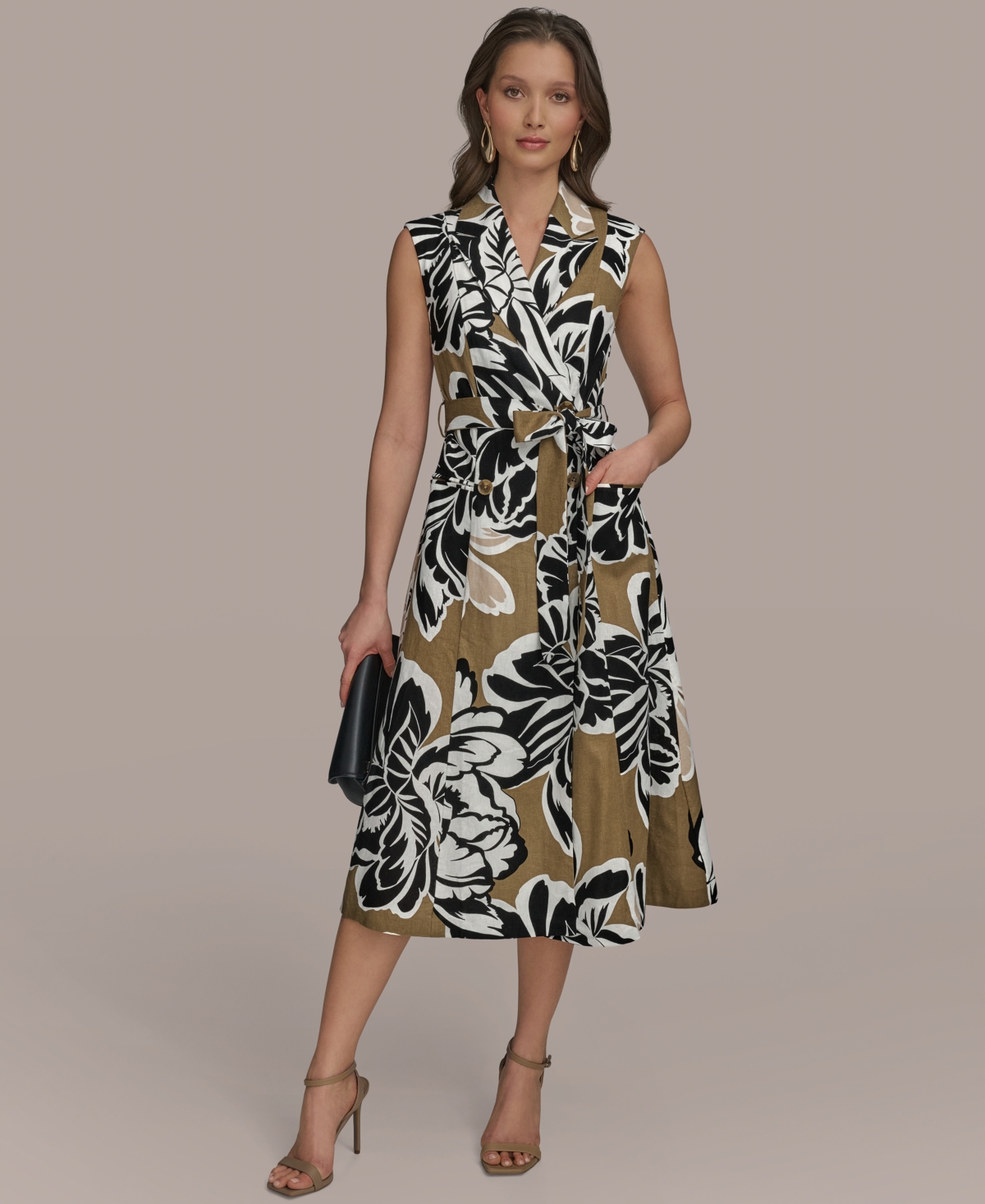 Shop Donna Karan Women's Printed Linen-blend Faux-wrap Dress In Fawn Multi