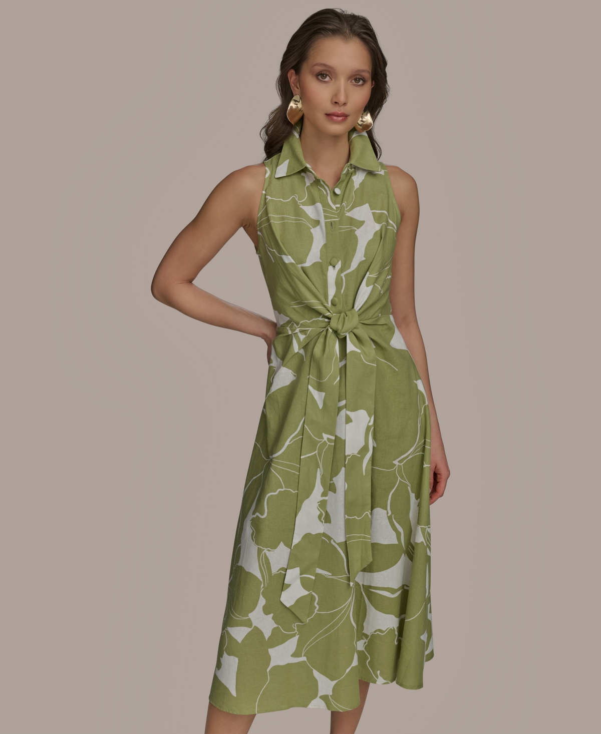 Shop Donna Karan Women's Printed Linen-blend Shirtdress In Kiwi Cream