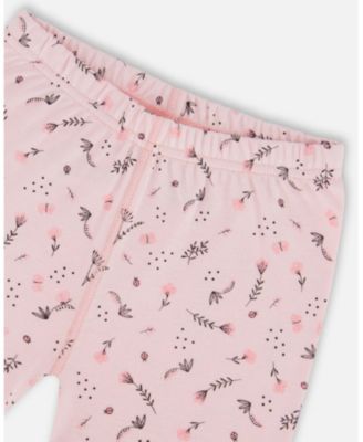 Big Girls Organic Cotton Two-Piece Short Pajama Set Small Pink Flowers On Pale Pink Background