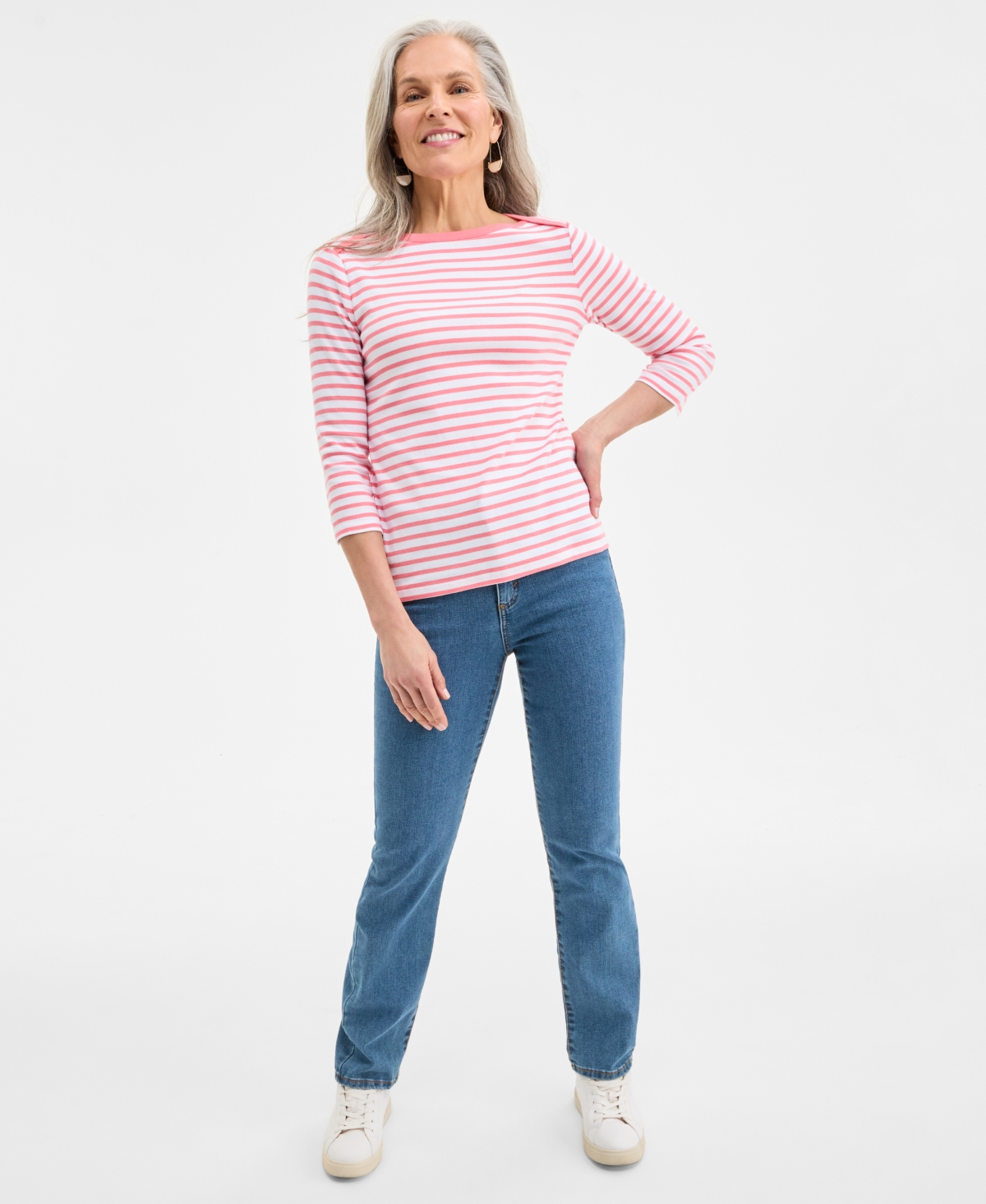 Shop Style & Co Women's Printed Pima Cotton 3/4-sleeve Top, Exclusively At Macy's In Washed Peach