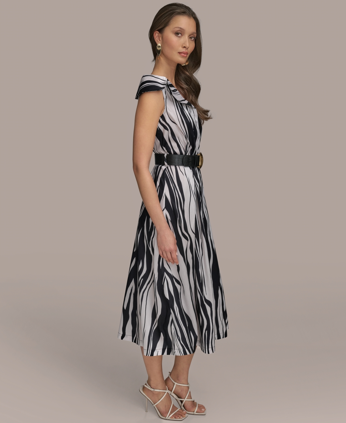 Donna Karan New York Zebra Print Notched Lapel Belted Midi Dress In Black Pristine