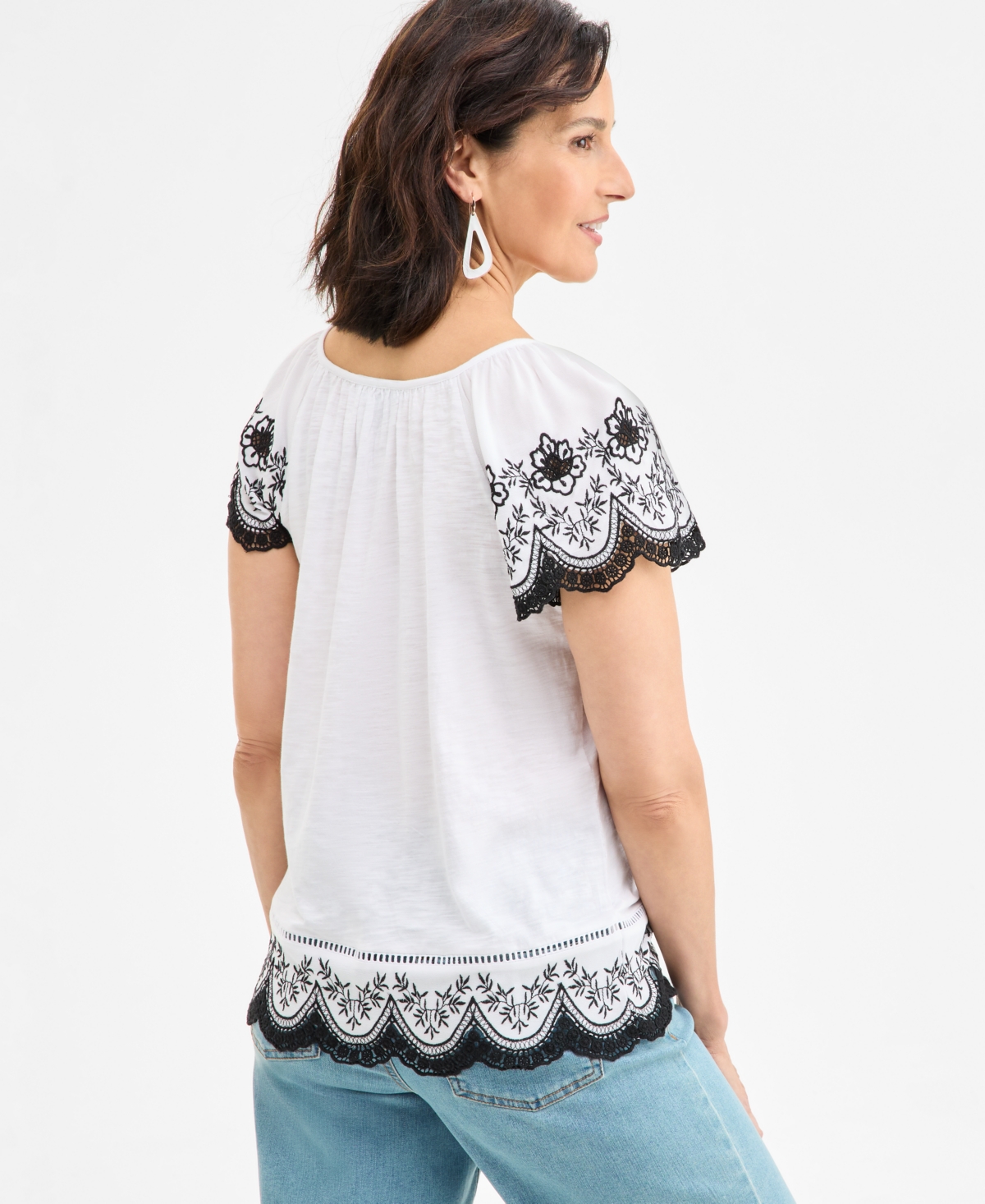 Style & Co Women's Scoop-neck Embroidered Short-sleeve Top, Exclusively At Macy's In Flutter White