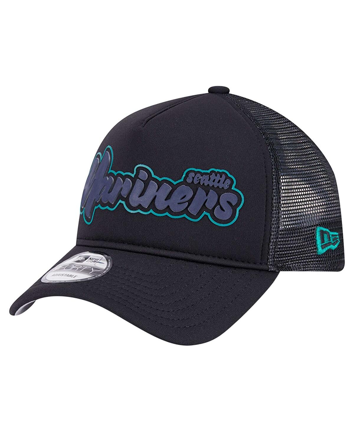 NEW ERA MEN'S BLACK SEATTLE MARINERS RETRO BOLD A-FRAME TRUCKER 9FORTY ADJUSTABLE HAT 