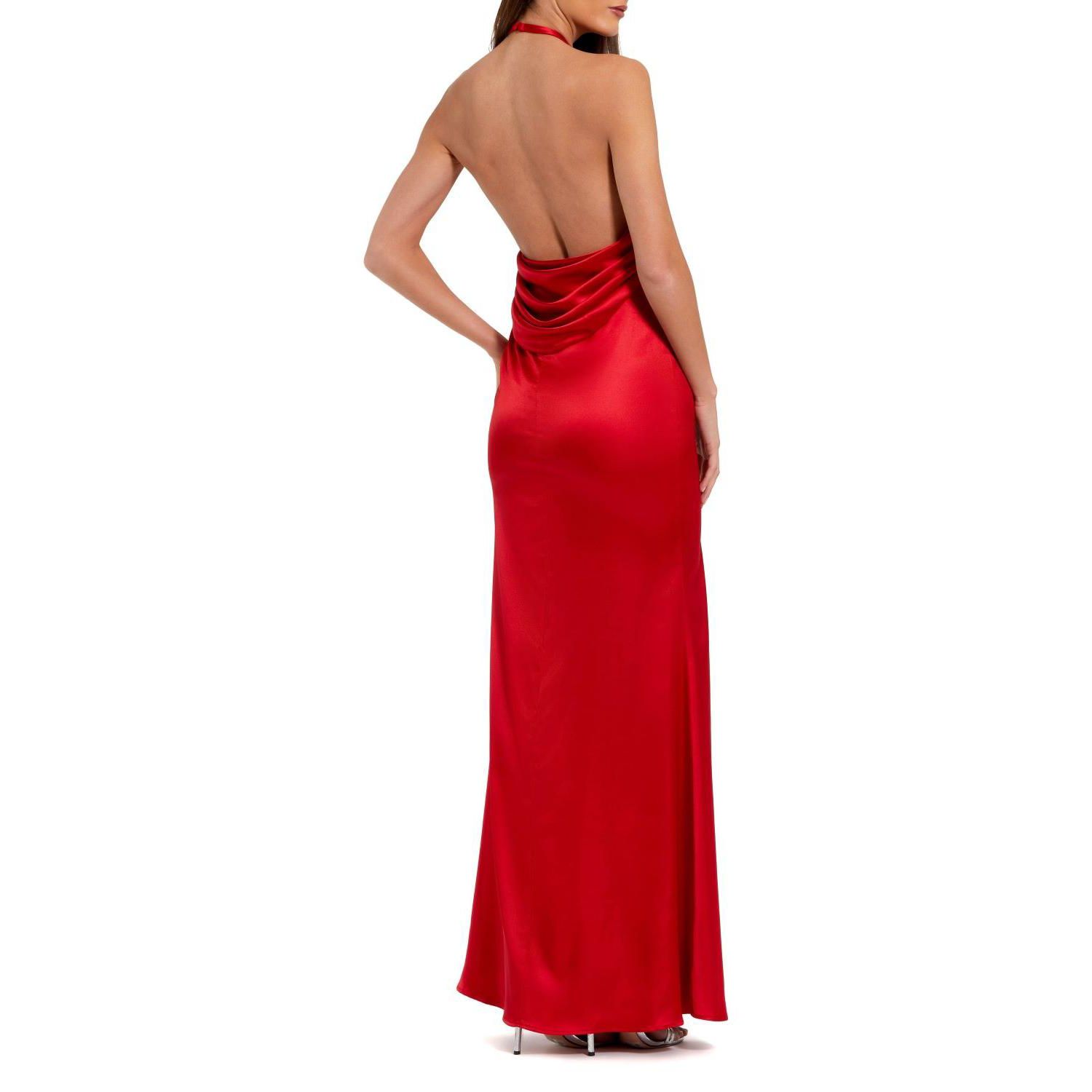 Women's Fitted Satin Sleeveless Halter Gown With 3D Flower
