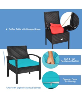 3 Piece Outdoor Rattan Conversation Furniture Set w/  Cushion & Storage Table