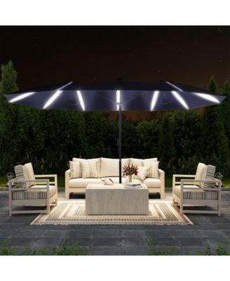 15 ft Patio Umbrellas with Solar Lights 12 LED Strip Lights Umbrella Rib, Double-Sided Market Umbrella with Base Included, Grey