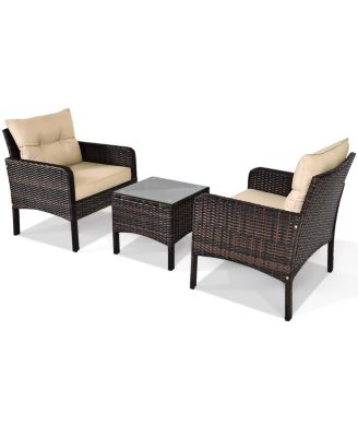3PCS Outdoor Patio Rattan Furniture Set w/ Chairs Coffee Table Cushions