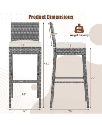 Patio Wicker Barstools with Soft Seat Cushion and Cozy Footrest-Set of 4
