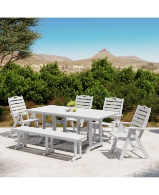 6-Piece HDPE Rectangular Patio Dining Table Set with Foldable Chairs and Patio Bench