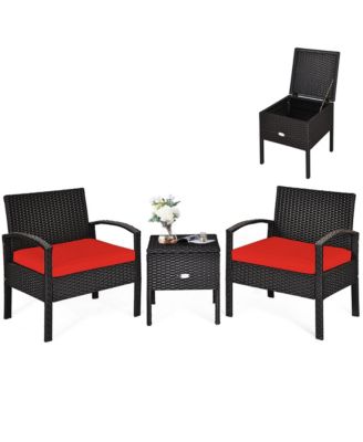 3 Piece Outdoor Rattan Conversation Furniture Set w/  Cushion & Storage Table