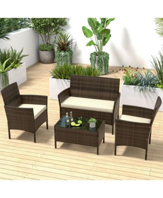 4 Piece Outdoor Wicker Furniture Set  Patio Rattan Conversation Set w/ Table