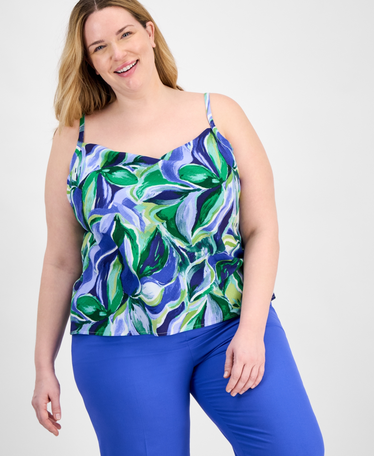 Tahari Asl Plus Size Printed Camisole In Pacific Blue Floral