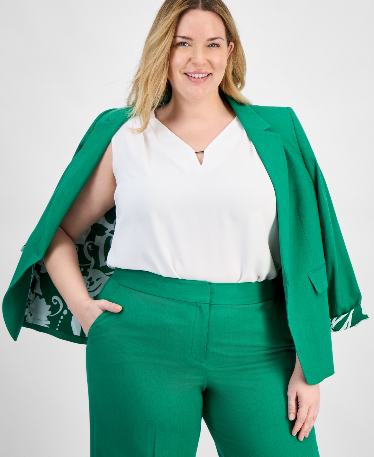 TAHARI ASL PLUS SIZE PRINTED-CUFF 3/4-SLEEVE LINEN-BLEND BLAZER 