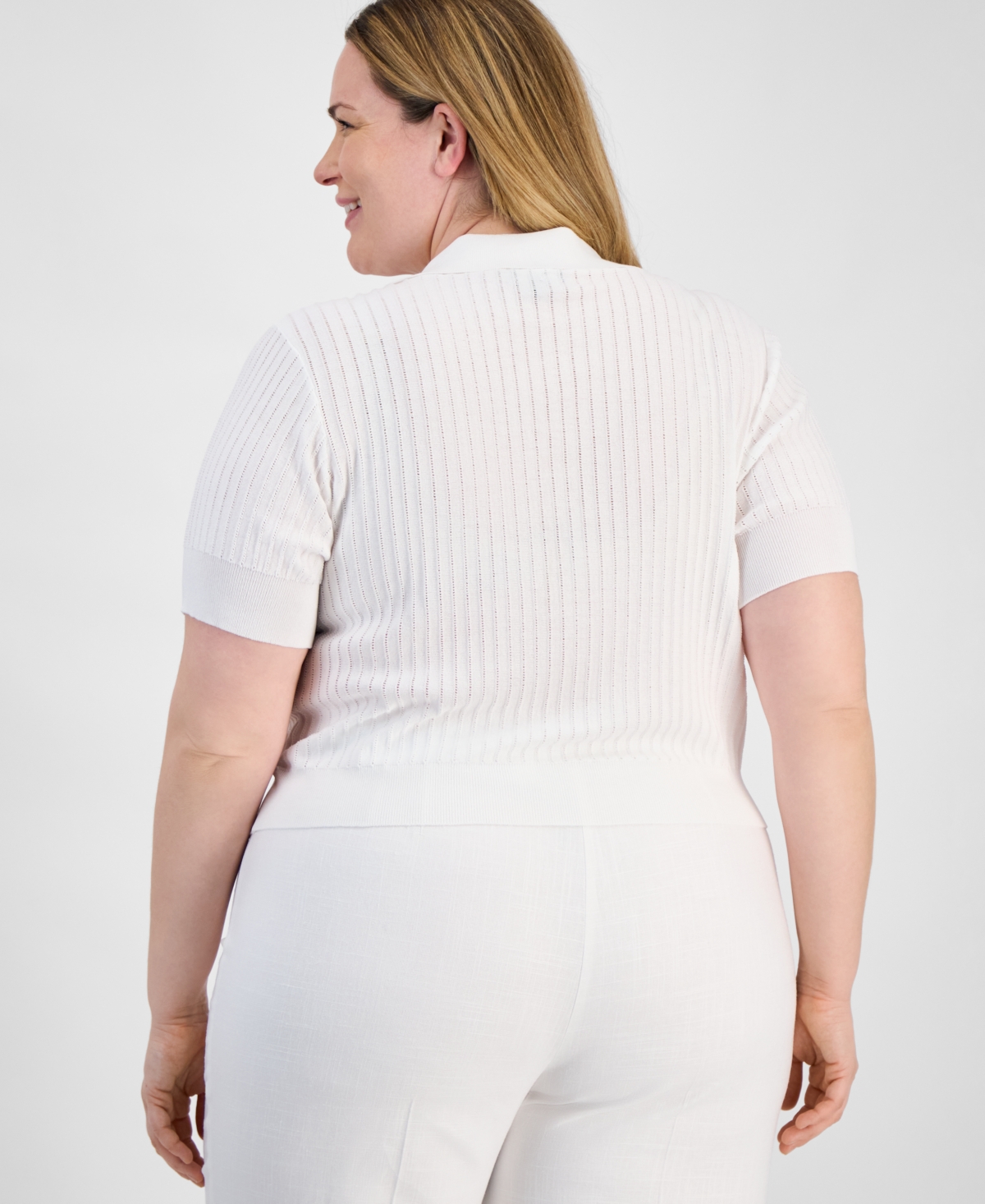 Tahari Asl Petite Stripe-textured Knit Button-front Top In White